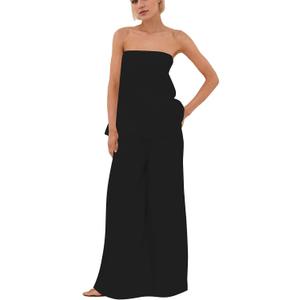 Women 2 Piece Outfits Polka Dot Summer Pants Set Strapless Tube Top High Elastic Waist Wide Leg Pants Lounge Sets, L