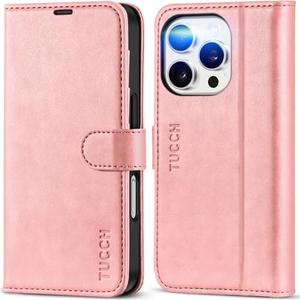 TUCCH Wallet Case for iPhone 16 Pro, [TPU Shockproof Inner Shell] PU Leather [RFID Blocking] 4 Credit Card Holder Magnetic Kickstand Flip Cover Compatible with iPhone 16 Pro 5G, Rose Gold