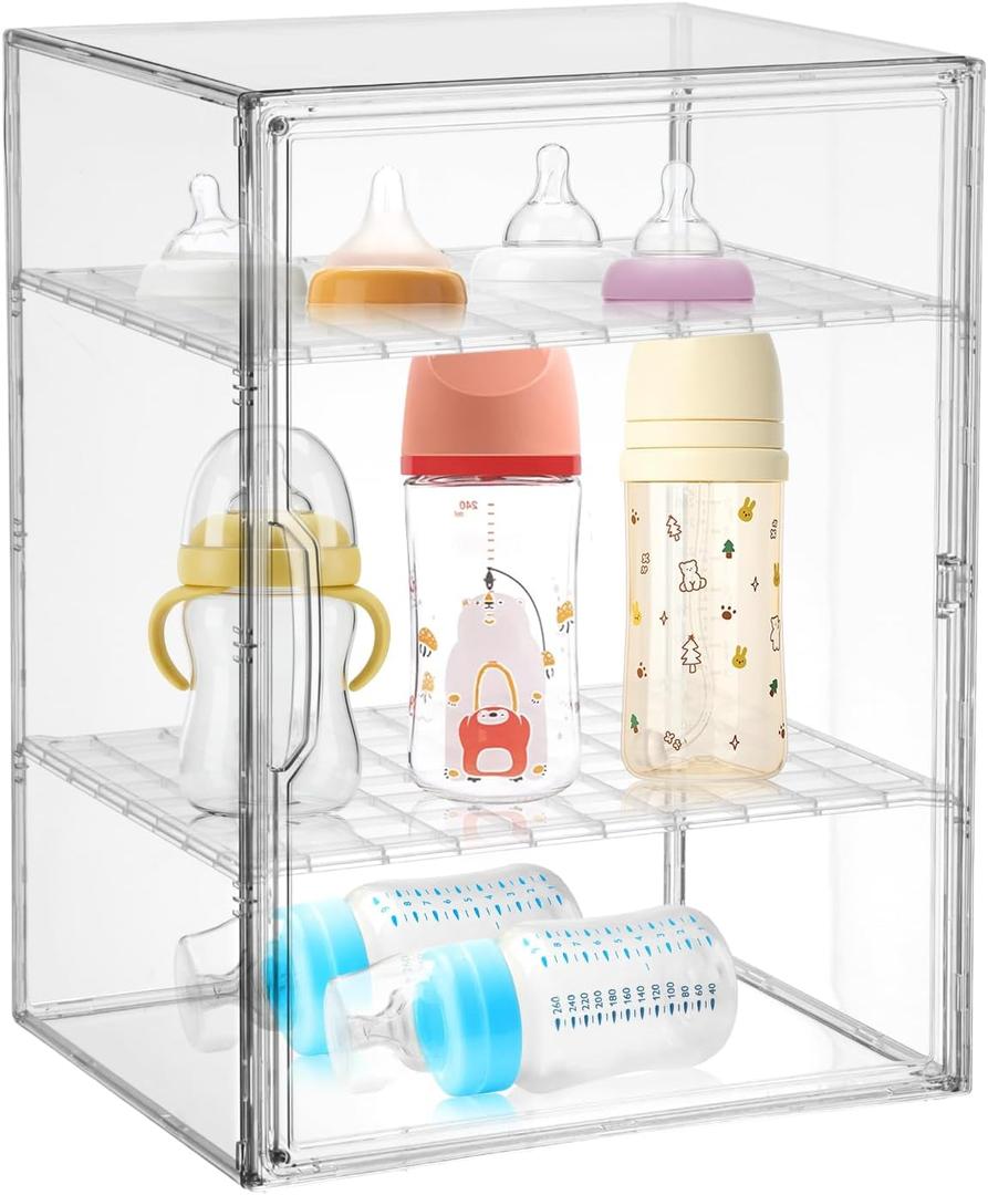 Baby Bottle Organizer 3-Tier Clear Acrylic Baby Bottle Storage Organizer for Countertop Cabinet Bottles Storage Station Case Box Container for Nipples Pump Parts Food Jars