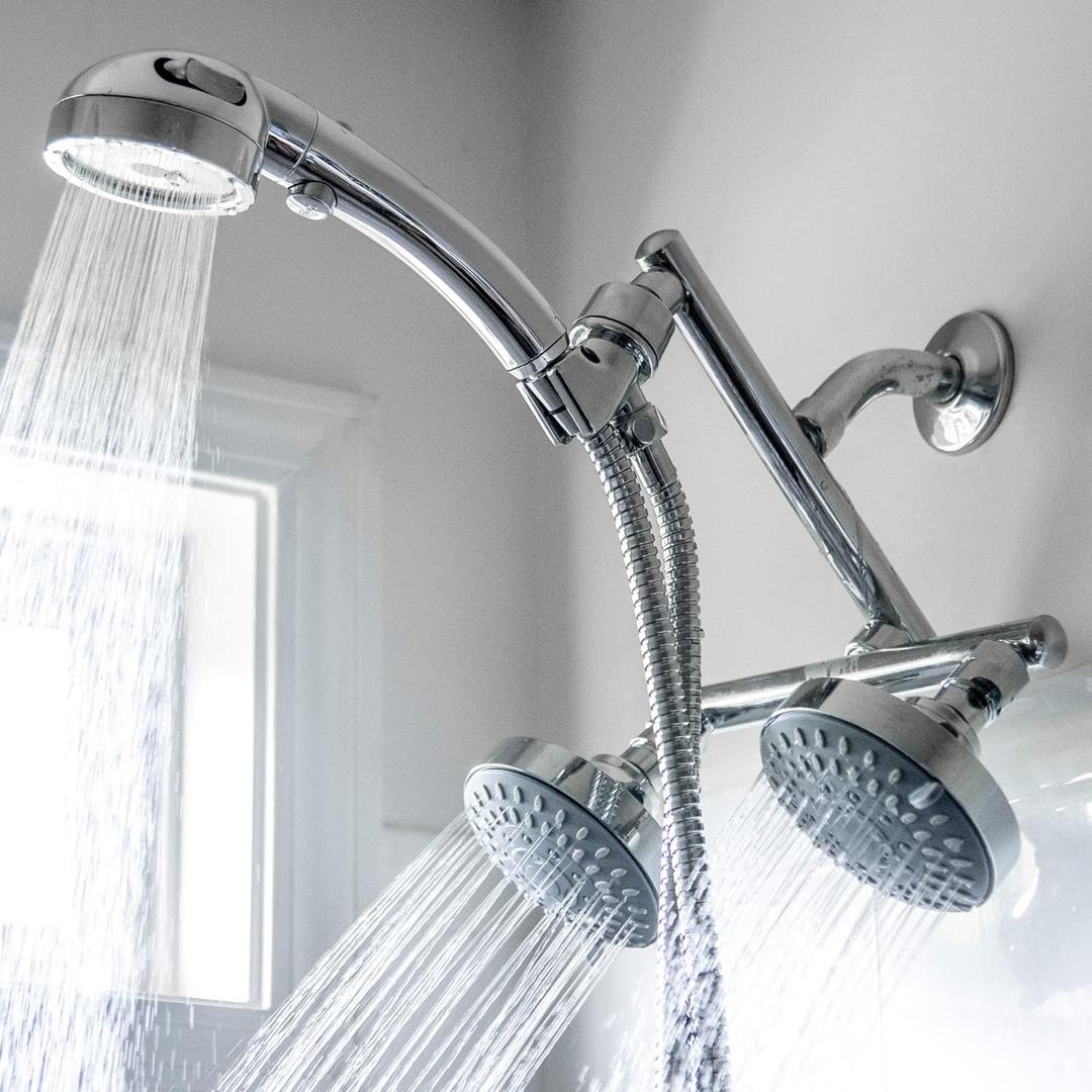High Pressure Double Shower Heads with Handheld Spray. Adjustable Ball Joint and Detachable Head with Pressure Control Valves for an Enjoyable Spa Bathing Experience.
