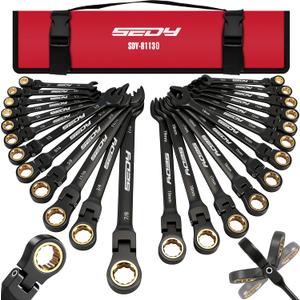 Premium 24-Piece Flex-Head Ratcheting Wrench Set, Metric(819mm)& SAE(1/4-7/8") Combination Wrenches, 72-Tooth CR-V Steel with Durable Black Finish, Ratchet Spanners with Roll-Up Tool Pouch for Repair