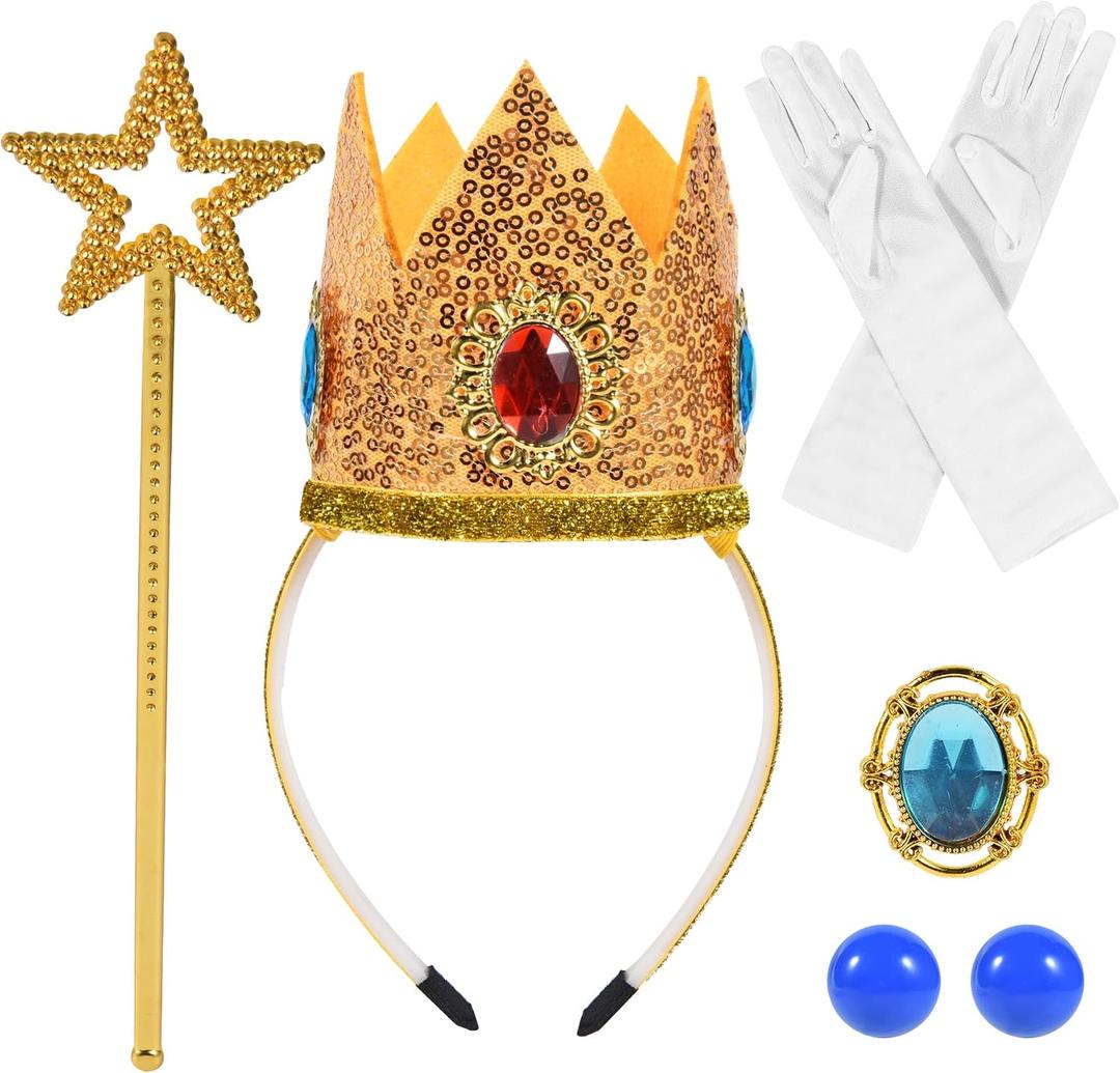 2 x 5PCS Princess Accessories, Princess Crown|Magic Wand|Brooch|Gloves|Earrings for Women (Gold)