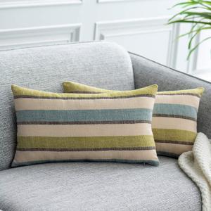 2 Pieces Decorative Classic Retro Stripe Throw Pillow Cover with Hidden Zipper Soft Linen Modern Farmhouse Lumbar Cushion Case for Sofa Bedroom Car 12 x 20 Inch Green Blue Mixed