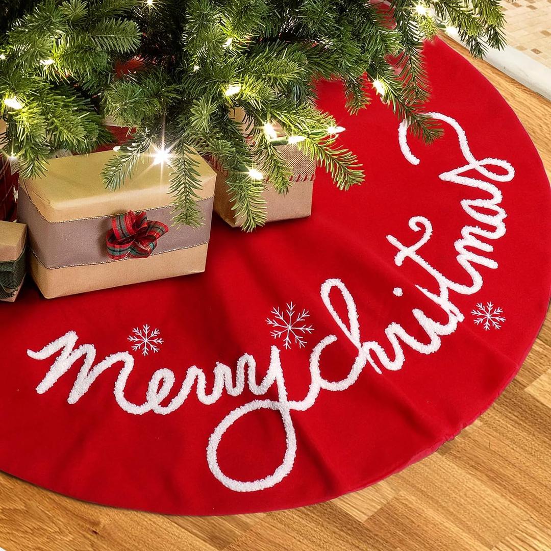 GMOEGEFT Christmas Tree Skirt 36 30 Inches Red Felt with Merry Christmas Tree Skirt Xmas Holiday Decorations (36 in)