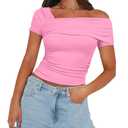 Women's Off The Shoulder Crop Top Asymmetrical Tshirt Pink S (Pink, S)