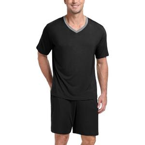 PrinStory Men's Pajamas Set Sleepwear Lightweight Short Sleeve Shirts and Shorts Soft 2 Piece Lounge Set Cozy Nightwear (Medium, Black)