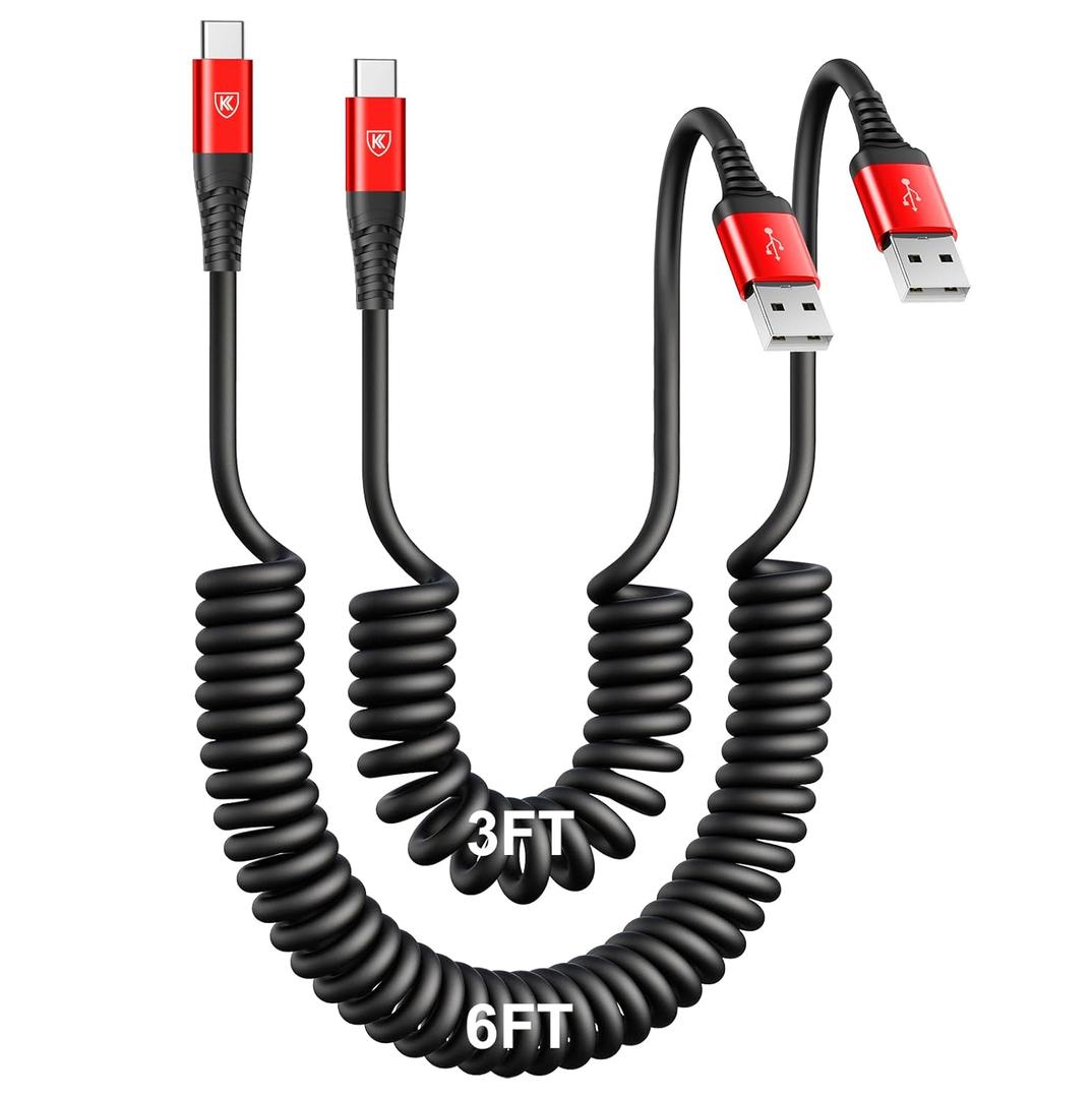 USB C Cable [3FT+6FT], 2Pack USB A to USB C 3A Fast Charging, Coiled Type C Charger Cord for Car USB-C Cable Compatible with iPhone 17/16/15/Plus/Pro/Samsung Galaxy A10e A20 A50 S20 Plus S10E-Red
