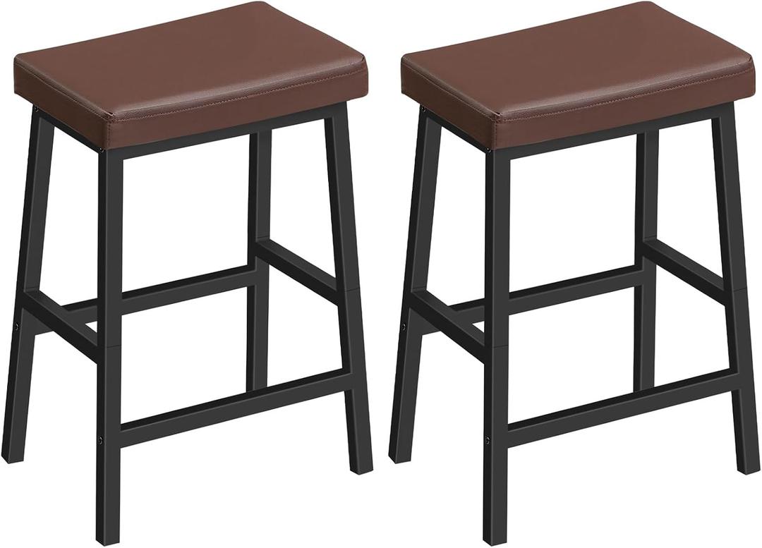 HOOBRO Bar Stools, Set of 2 Bar Chairs, Counter Height Bar Stools, 24 Inch Barstools for Kitchen Counter, PU Upholstered Kitchen Stools, for Kitchen, Bar, Dining Room, Brown and Black BC01MD01, 16.1''L x 9.4"Wx 24"H