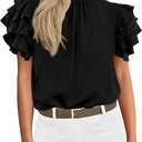 KIRUNDO Womens Blouse 2025 Spring Summer Dressy Casual Ruffle Short Sleeve Frill Mock Neck Work Shirt Tops Fashion Clothing(Black, Medium)