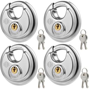 HOX Keyed Disc Padlock, Stainless Steel Keyed-Alike Padlocks, 4-Pack Heavy Duty Locks, Waterproof Outdoors Lock with 3/8 Inch Shackle, 2-3/4 Inch Wide Body, for Hasp Latch, Fences, Storage Locker