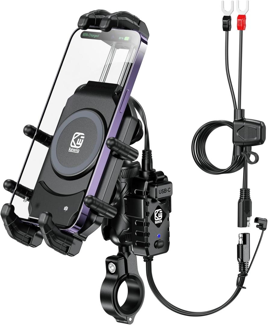BRCOVAN Motorcycle Phone Mount with Qi 15W Wireless Charger & 30W PD/USB-C Fast Charging Port, Anti-Theft Motorcycle Handlebar Cell Phone Holder with Vibration Dampener for 5.4''-7.2'' Smartphones