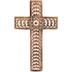 EDHAS Mango Wood White Cross Carved Floral-Design Family Cross Decor,Home Decoration (10" x 6" x 0.5")