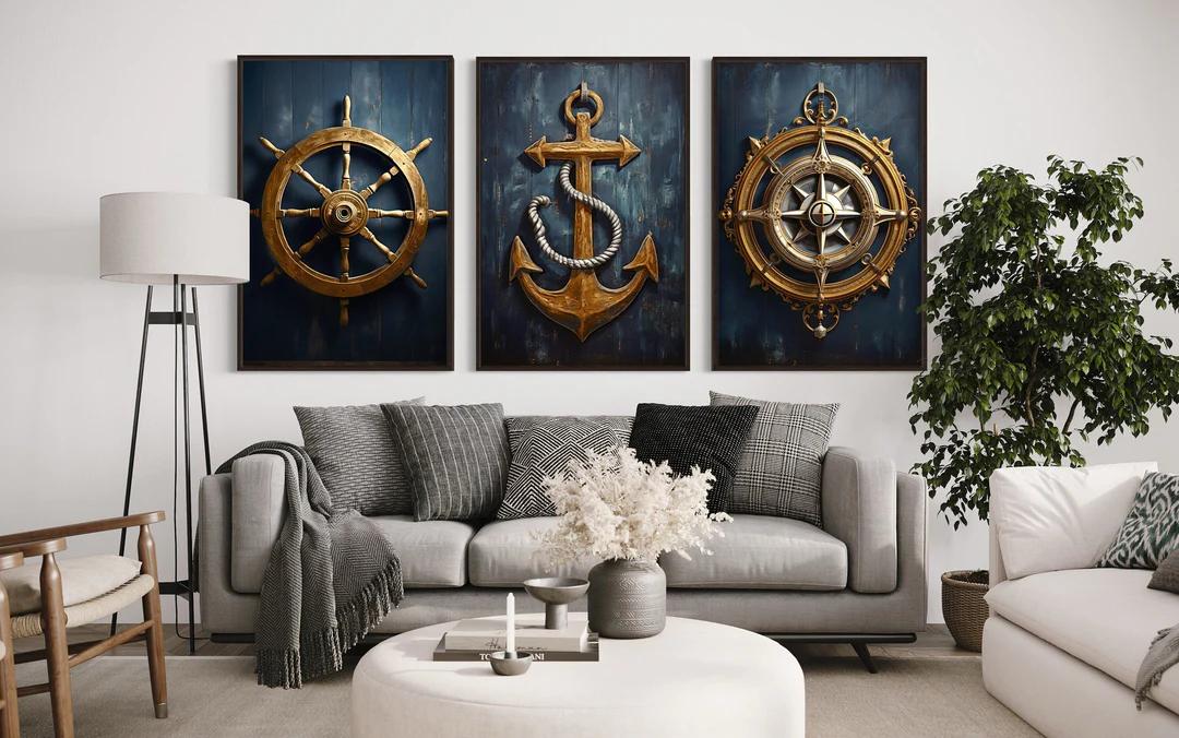 Boat Anchor Compass With Rope Wall Art Canvas Print | Beach House Wall Art 3 Panel Floating Frame 16x23