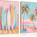 Pink Beach Wall Art Coastal Canvas Pictures Palm Tree Wall Decor Summer Surf Poster Pastel Ocean Painting Tropical Beachy Prints Preppy Aesthetic Artwork for Girl Room Bedroom 12x16x2 Inch Unframed