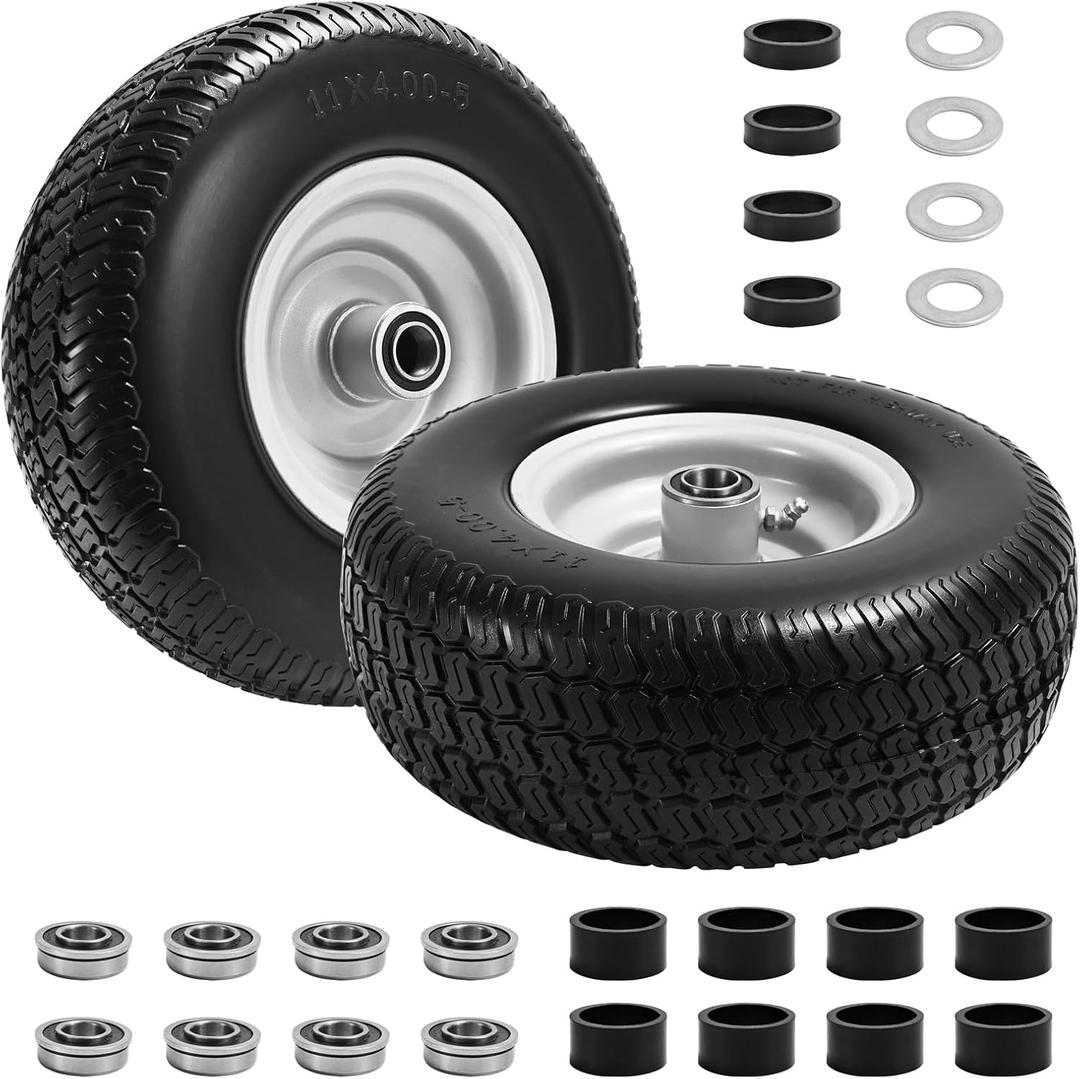 LTNICER (2-Pack) 11x4.00-5 Flat-Free Lawn Mower Tires and Wheels, 3.4" Centered Hub, 3/4" & 5/8" & 1/2" Bushings, Zero Turn Front Replacement
