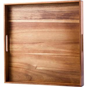 Serving Tray with Handles, 20 Inch Large Square Ottoman Tray Acacia Wood Decorative Tray for Living Room, Ottoman Coffee Table, Kitchen, Appetizers, Breakfast, Patio, Party