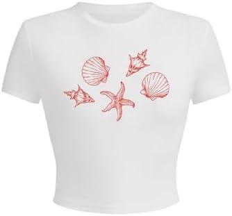RoseSeek Women's Beach Graphic Tee Trendy Summer Short Sleeve Tee Shirts Crew Neck Crop Tops Bikini Print Preppy Top, Size medium
