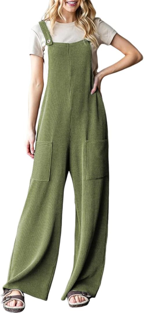 Dokotoo Women's Casual Jumpsuits Ribbed Front Pocket Loose Overalls One Piece Sleeveless Wide Leg Long Pant Rompers (Green, M)