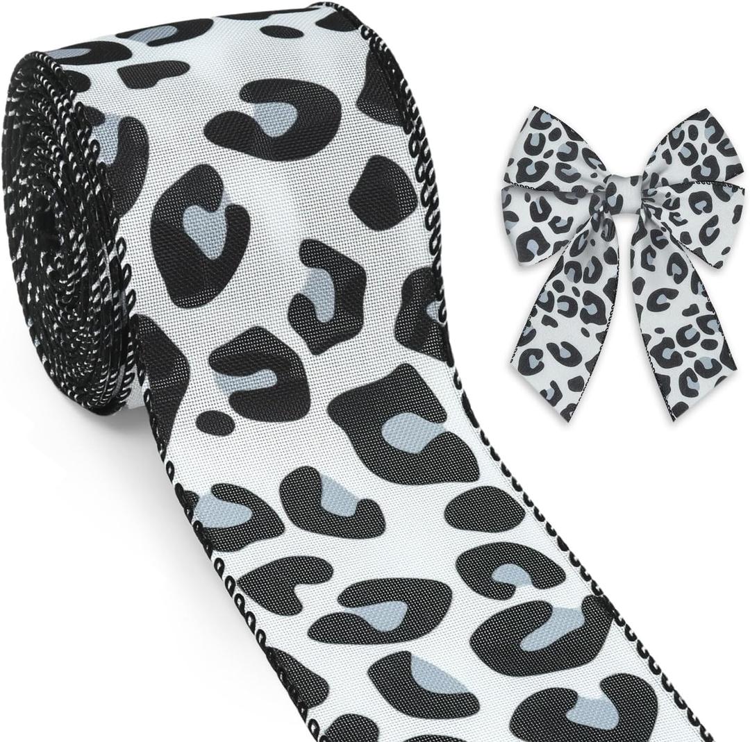 Threetols Leopard Print Wired Edge Ribbons 2.5" 10 Yards Natural Gray Decor Wrapping Ribbon Animal Print Burlap Fabric Craft Ribbon for Christmas Holiday DIY Craft Wreath Bow Decor