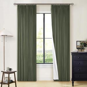 Olive Green Pinch Pleated Full Blackout Curtains Linen Blend Room Darkening Window Curtains 80 Inch for Living Room Bedroom Thermal Insulated Back Tab Pinch Pleat Drapes with Hooks Rings 2 Panels
