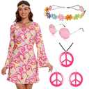 HyperFun 60s 70s Outfit for Women Disco Dress Hippie Costume Accessories Set 70s Clothes for Groovy Party Halloween Cosplay, Medium