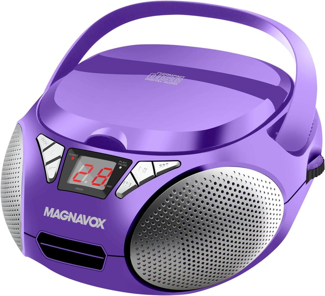 Magnavox MD6924 Portable Top Loading CD Boombox with AM/FM Stereo Radio in Black | CD-R/CD-RW Compatible | LED Display | AUX Port Supported | Programmable CD Player | (Purple)