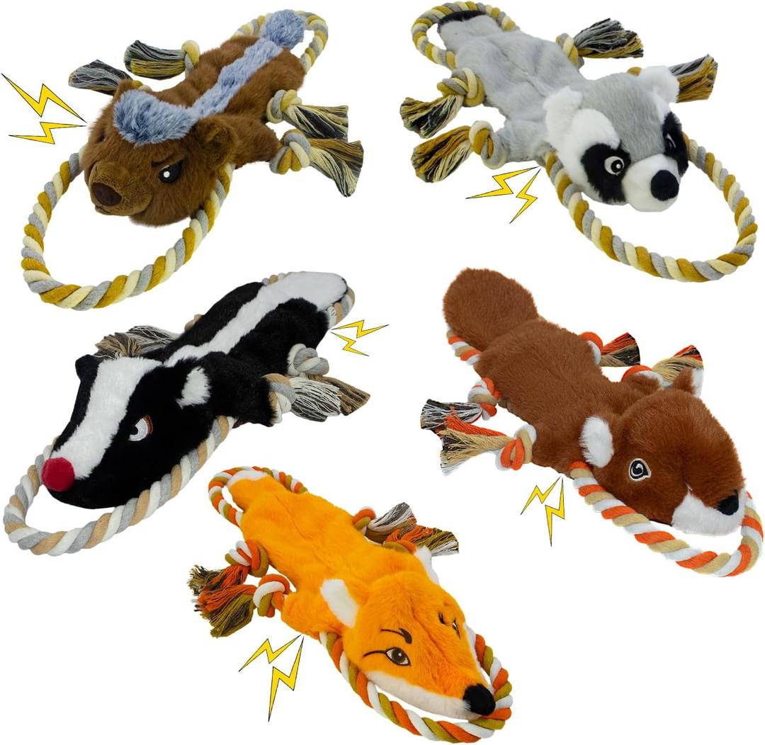 Dog Squeaky Toys, No Stuffing 5-Pack Dog Toys, Crinkle Plush Dog Toys to Keep Them Busy, Rope Dog Toys for Tug of War, Animal Shapes Dog Toys Bundle for Large, Medium and Small Dogs