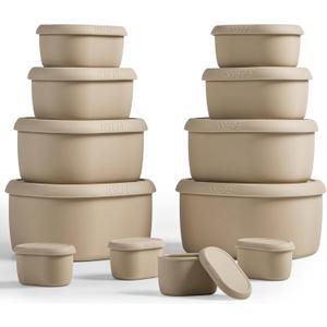 ISSEVE 12Pcs/Set Nesting Silicone Food Storage Containers with Lids, BPA Free Reusable Meal Prep Silicone Containers Airtight, Freezer Dishwasher Safe (33.8oz, 20oz, 10oz, 6.7oz, 1.3oz) (Beige)