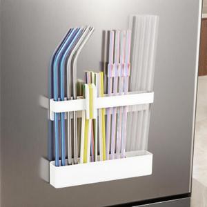 Magnetic Straw Holder for Cabinet, Metal Straw Organizer with Double Sided Adhesive Tape, Reusable Tumbler Straws Storage Dispenser for Fridge Kitchen Counter Cupboard Door(White)