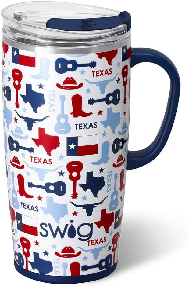 Swig Life 22oz Travel Mug, Insulated Tumbler with Handle and Lid, Travel Coffee Mug, Cup Holder Friendly, Stainless Steel 22 oz Tumbler, Reusable Insulated with Lid (Lone Star)