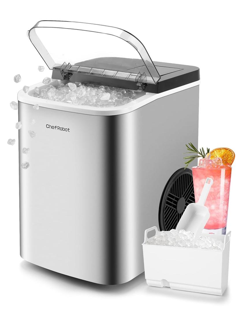 ChefRobot Ice Machine,Stainless Steels Chewable Ice Maker Ready in 6 mins,34Lbs/24H Nugget Ice Maker Countertop,One-Click Pebble Ice Maker for Home/Party/Bar/Daily-Use