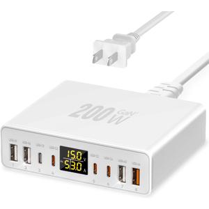 200W USB C Charger 8-Port with LED Display, USB Charging Station GaN Multiport Fast Charger Block PD QC 3.0 PPS USBC Charging Hub Compatible with iPhone Samsung MacBook Laptop Pad, Matte White