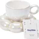 Koythin Ceramic Coffee Mug with Saucer Set, Creative Cute Cup with Sunflower Coaster for Office and Home, 6.5 oz/200 ml for Tea Latte Milk (Pearl White)