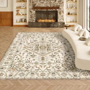 VK VK·LIVING Machine Washable Rug 8'x10' Vintage Design Washable Area Rugs with Non Slip Rugs for Living Room Bedroom Traditional Woven Rug Carpet Stain Resistant,Home Decor Office Boho Rug( Beige) 