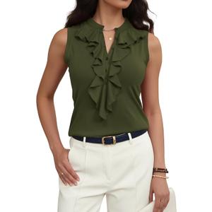 Women Sleeveless Work Blouses Dressy Casual Ruffle Tank Tops Summer Business Casual Office Outfit (Small, Army Green)