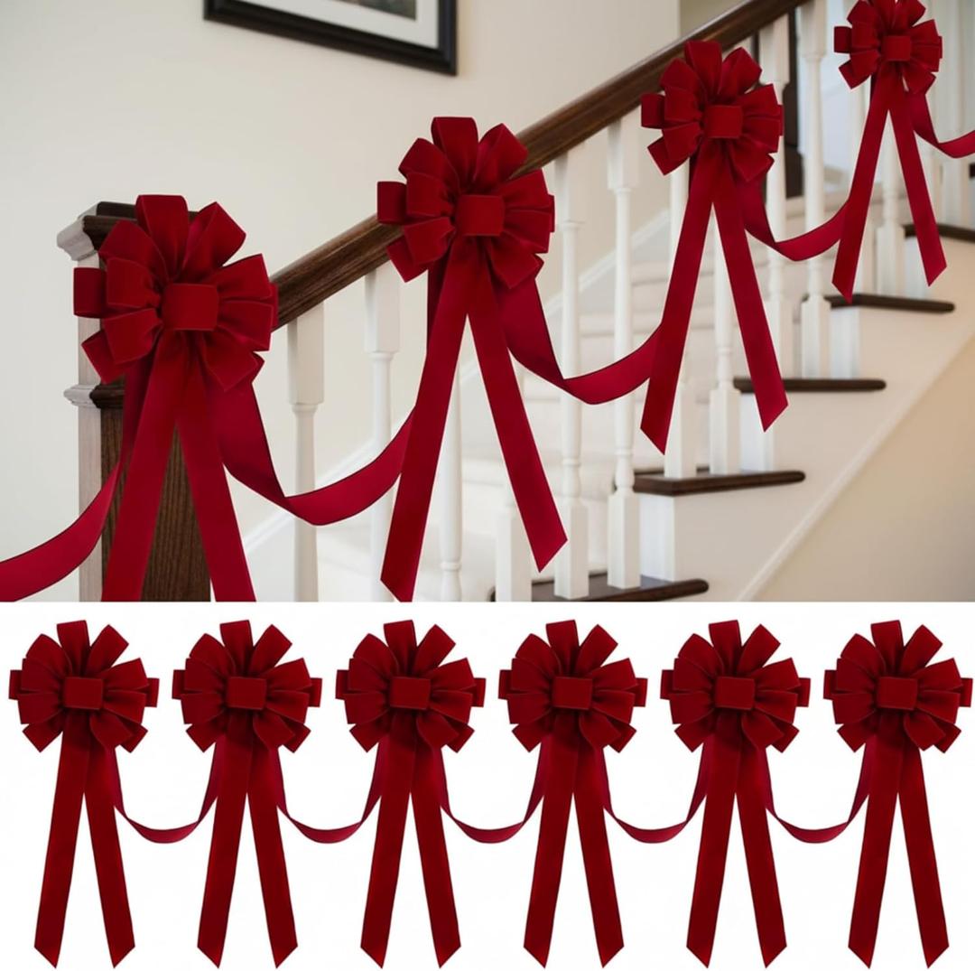 Suncalla 14 ft Christmas Bows Garland for Stairs Decoration Xmas Fence Outdoor Decor 6 Pcs 24 x 12 Inch Large Christmas Velvet Bows for Xmas Party Indoor Outdoor Fireplace Mantle Supplies(Burgundy)