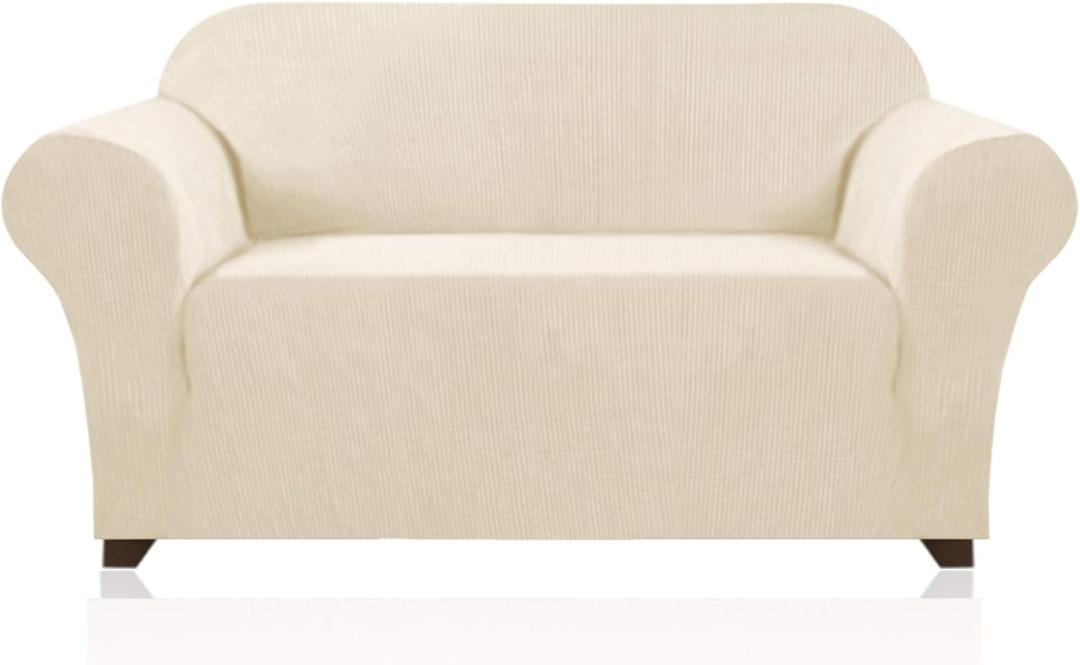 PrinceDeco Stretch Loveseat Sofa Cover Slipcover Couch Cover for 2 Cushion Sofa Washable Sofa Cover for Pets Friendly Furniture Protector Covers with Non Slip Bottom(Loveseat, Biscotti Beige)