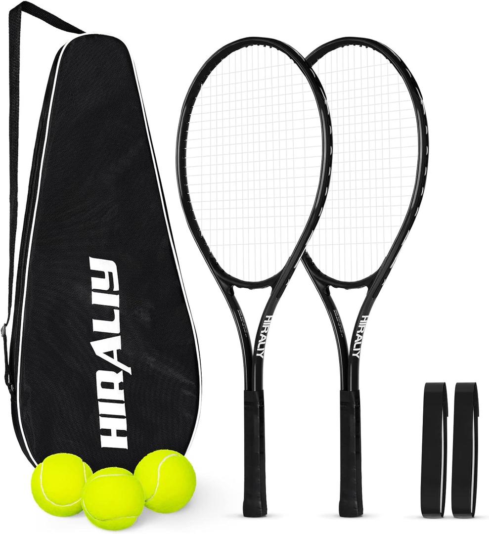 HIRALIY 27" Tennis Rackets Set for Adults, 2 Player Pre-Strung Tennis Racquets, 2 Overgrip Tapes,3 Balls, and 4 Carrying Bag, Outdoor Recreational Sport for Beginner, Men, Women (Black)