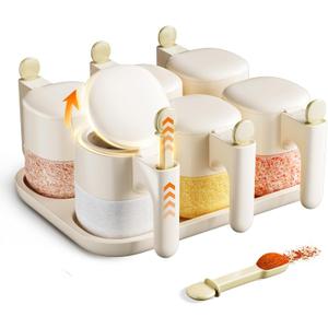 Seasoning Spice Containers with Lid and Spoon Set,6Pack 11oz AutoOpen/Close Seasoning Box Wide Mouth Glass Salt and Sugar Container Sets for Countertop,Dishwasher Safe Spice Jars