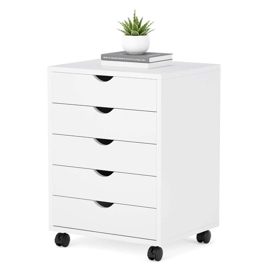 5 Drawer Mobile File Cabinet Under Desk Storage Organization with Wheels Vertical Filing Chest Rolling Wood Small Desk Printer Stand for Home Office, White