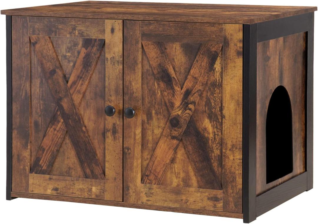 Dwanton Litter Box Enclosure, Cat Litter Box Furniture Hidden, Reversible Entrance Can Be on Left or Right Side, Wooden Cat Washroom Indoor, Rustic Brown, 27.6 Inches