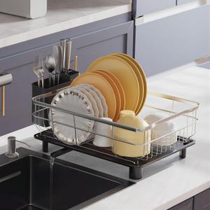 AIDERLY Stainless Steel Dish Drying Rack with Drainboard Dish Drainers for Kitchen Counter Extendable Spout Strainers with Utensil Holder and Knife Slots, Black