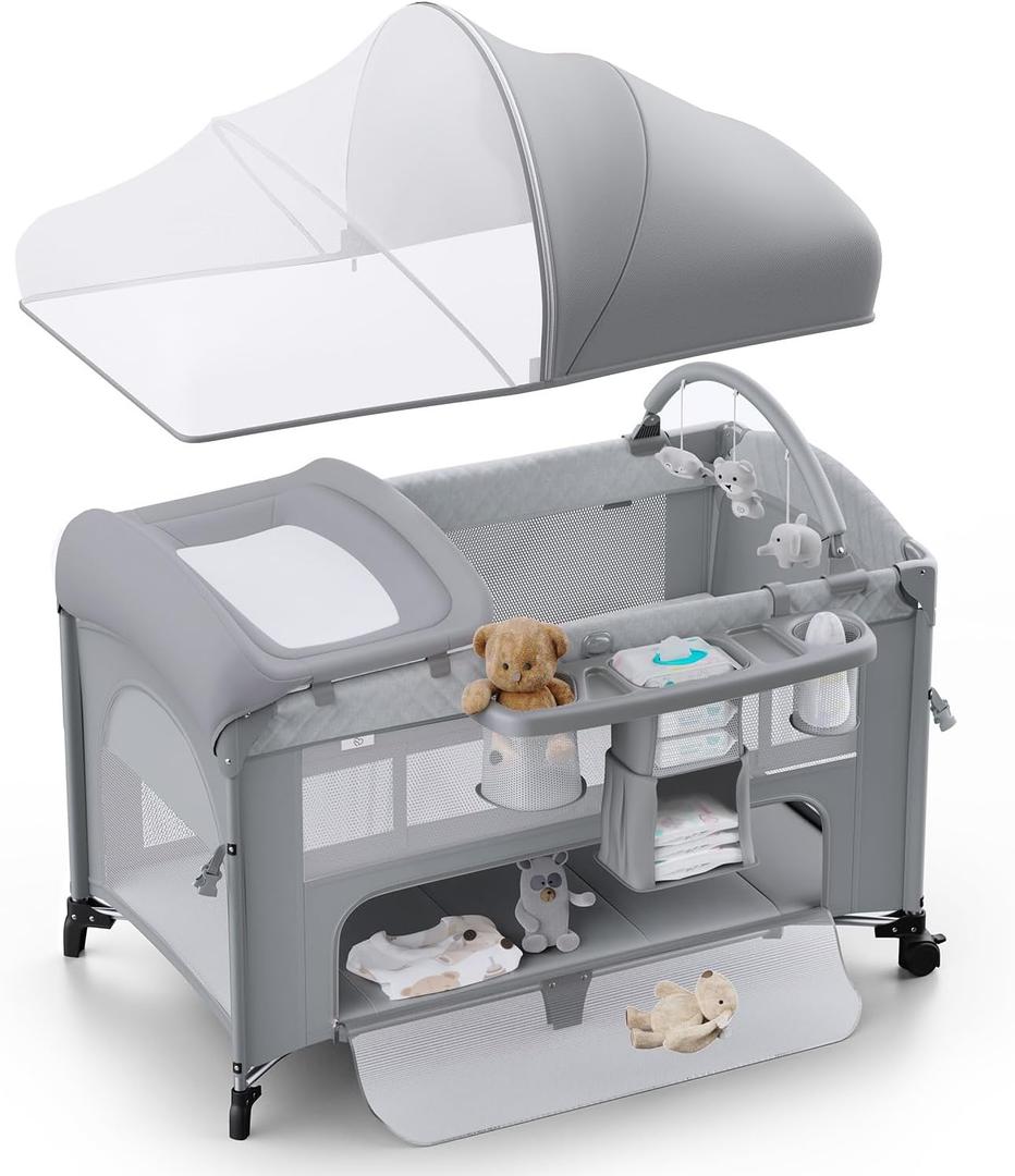 4 in 1 Baby Bassinet, Pack and Play, Bedside Crib Sleeper, Diaper Changer - Comes with Mattress, Mosquito NetBottom Storage and Toy Bar for Newborn to Toddles (Light Grey)