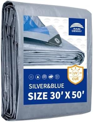RAINDEWAY Large Tarps 30x50 Feet, 5.5 Mil - Multipurpose Waterproof Poly Tarp Cover with Metal Grommets and Reinforced Edges, Silver/Blue Tarp