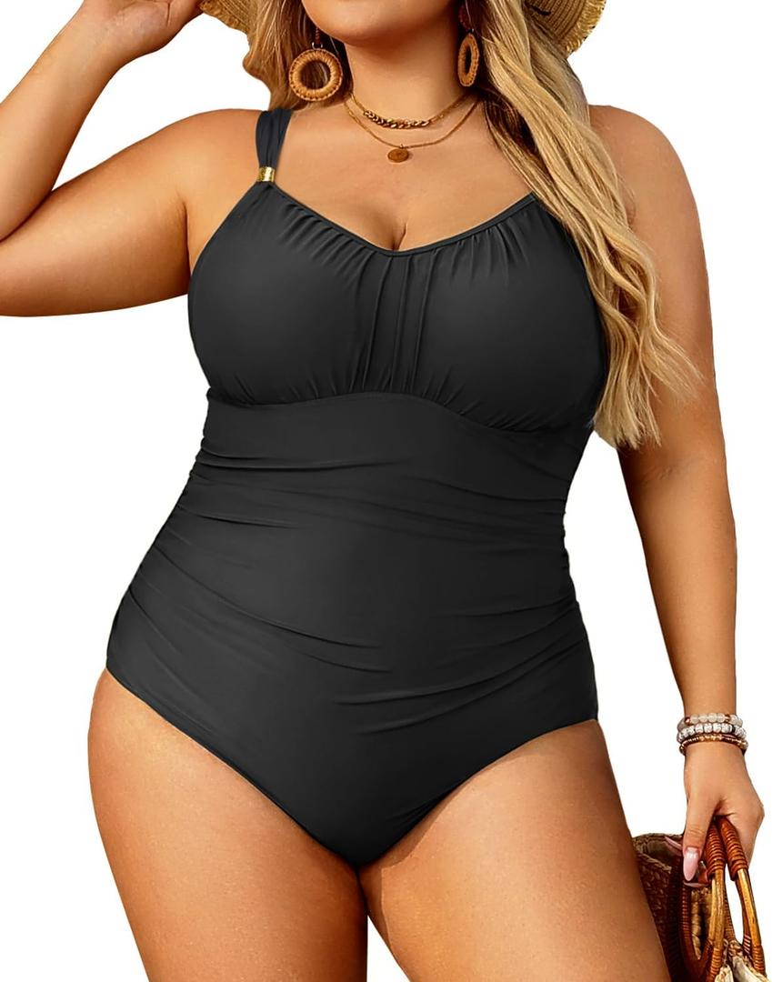 Aqua Eve Plus Size Swimsuit for Women Tummy Control One Piece Bathing Suit Vintage Swimwear New Black, 14W