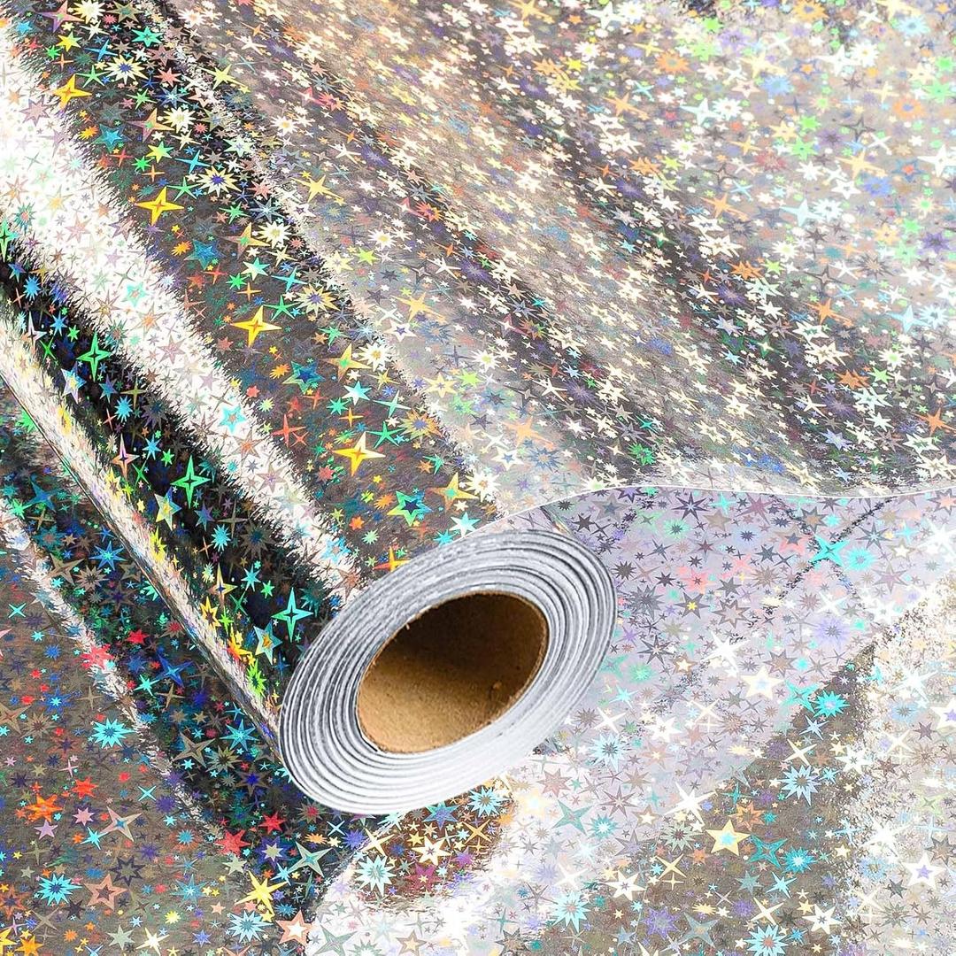 Flyhill Silver Holographic Wrapping Paper Roll, Colorful Shiny Iridescent Star Silver Foil Gift Wrap for Birthday, Disco Party, Wedding, Christmas, Bridal Shower, Father's Day, Graduation - Mini Roll 17inch*32.8ft