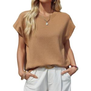 Saodimallsu Womens Cap Sleeve Sweater Top Summer Crew Neck Trendy Going Out Loose Knit Shirt (Black)