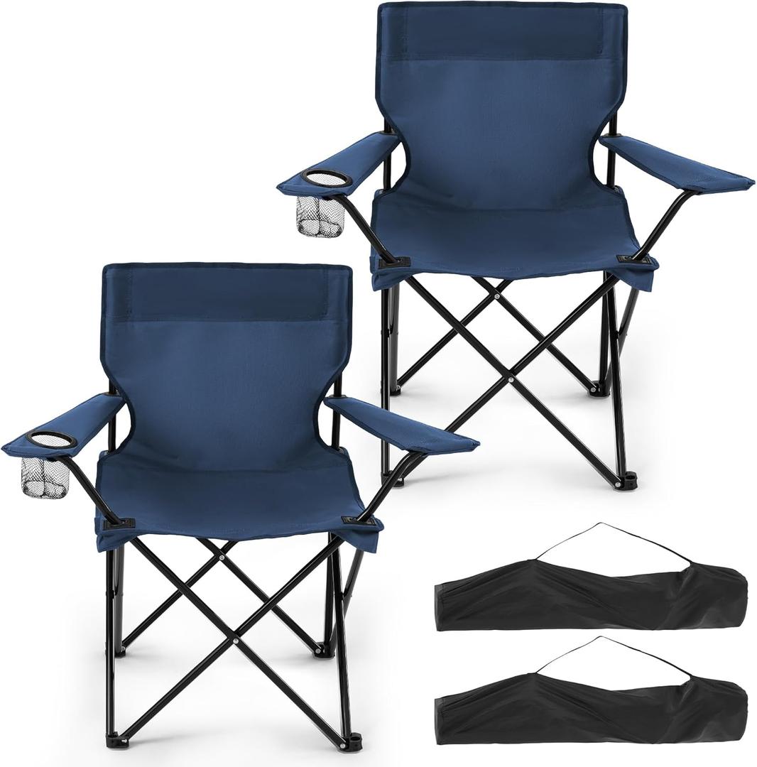 2 Pack Folding Camping Chairs for Adults, Foldable Portable Beach Chairs with Carry Bag & Cup Holder, Compact Design for Camping, Beach, Picnics, and Fishing Supports 300LBSDark Navy