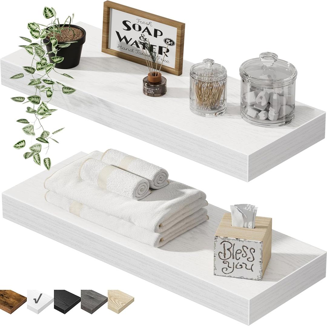 QEEIG Bathroom Floating Shelves for Wall - 15.7" Wall Mounted Shelf Over Toilet Farmhouse Home Decor Display Bookshelf Small 15.7 x 6.7 inch Set of 2, White (008-40W)