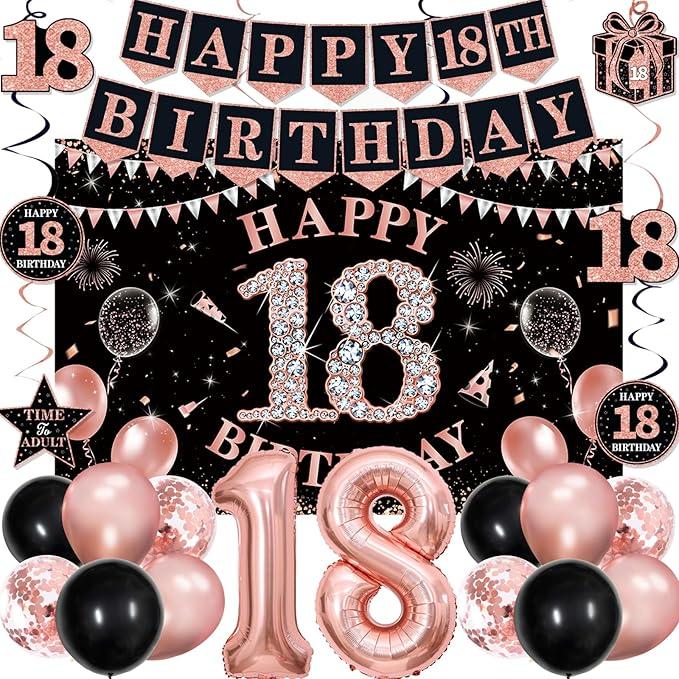 18th Birthday Decorations for Girls,52Pcs PRE-STRUNG Rose Gold Black Party Set-18 Years Old Crown and Sash,Banner,Hanging Swirl,Backdrop Decor,CakeTopper,Age Candle, Balloons, Pom Poms,PRE-ASSEMBLED (18th Rose Gold Black)